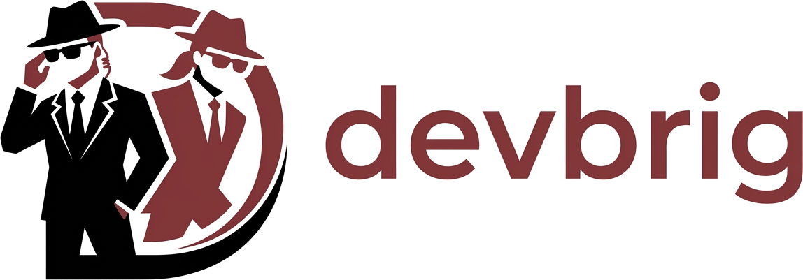 devbrig — две фигуры в шляпах и тёмных очках внутри буквы D